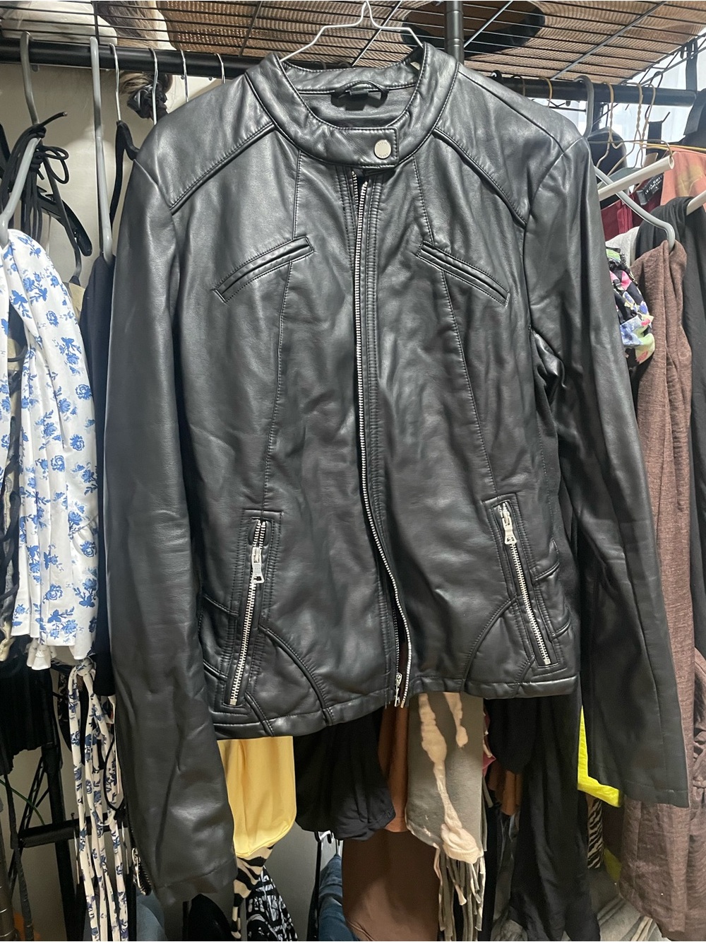Guess Black Leather Moto Jacket with Silver Hardware